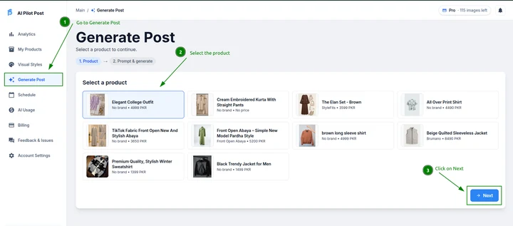Product and category selection before generation