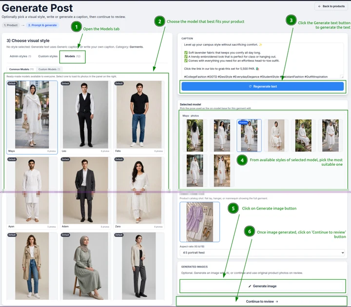 Generate post screen with on-model style selected