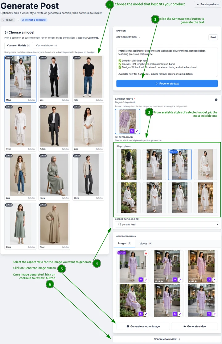 Generate post screen with on-model style selected