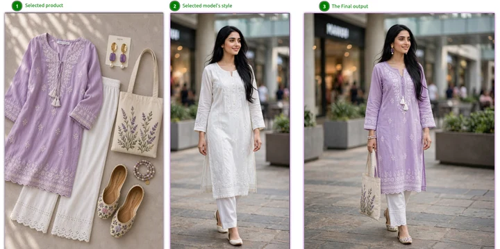 AI-generated on-model Instagram post for a shalwar qameez from a flat catalog product