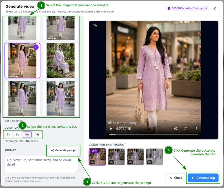 Generate video clip screen with source images and duration options