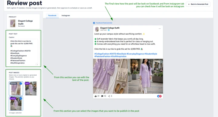 Platform review screen for Facebook and Instagram