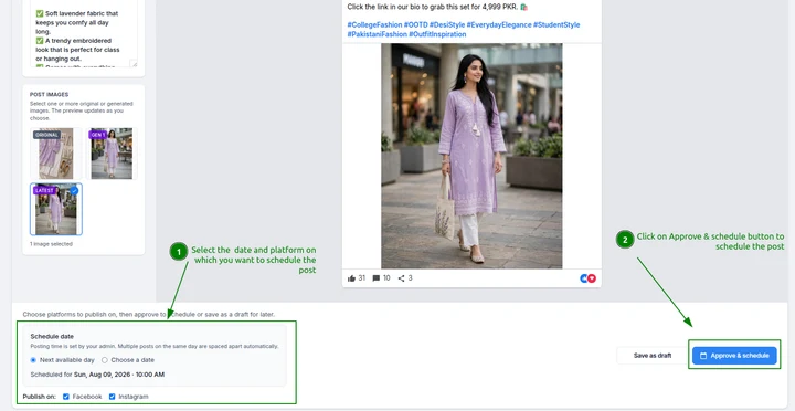 Schedule queue with upcoming Facebook and Instagram posts