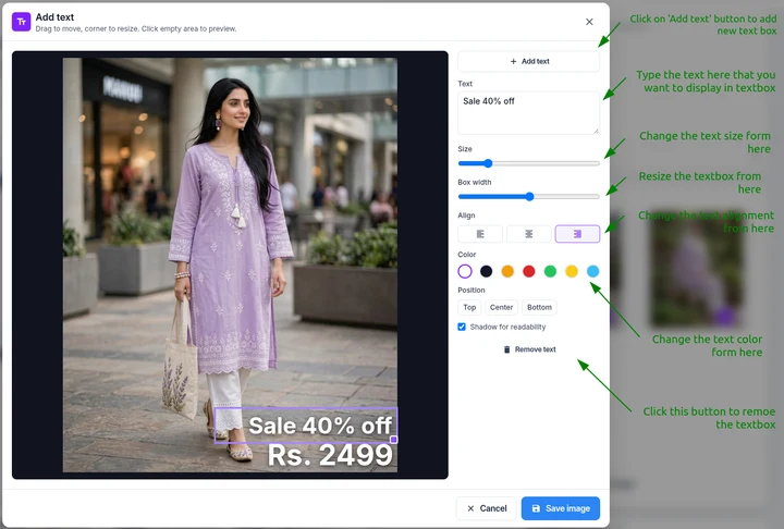 Add text editor with sale and price overlays on a generated product image